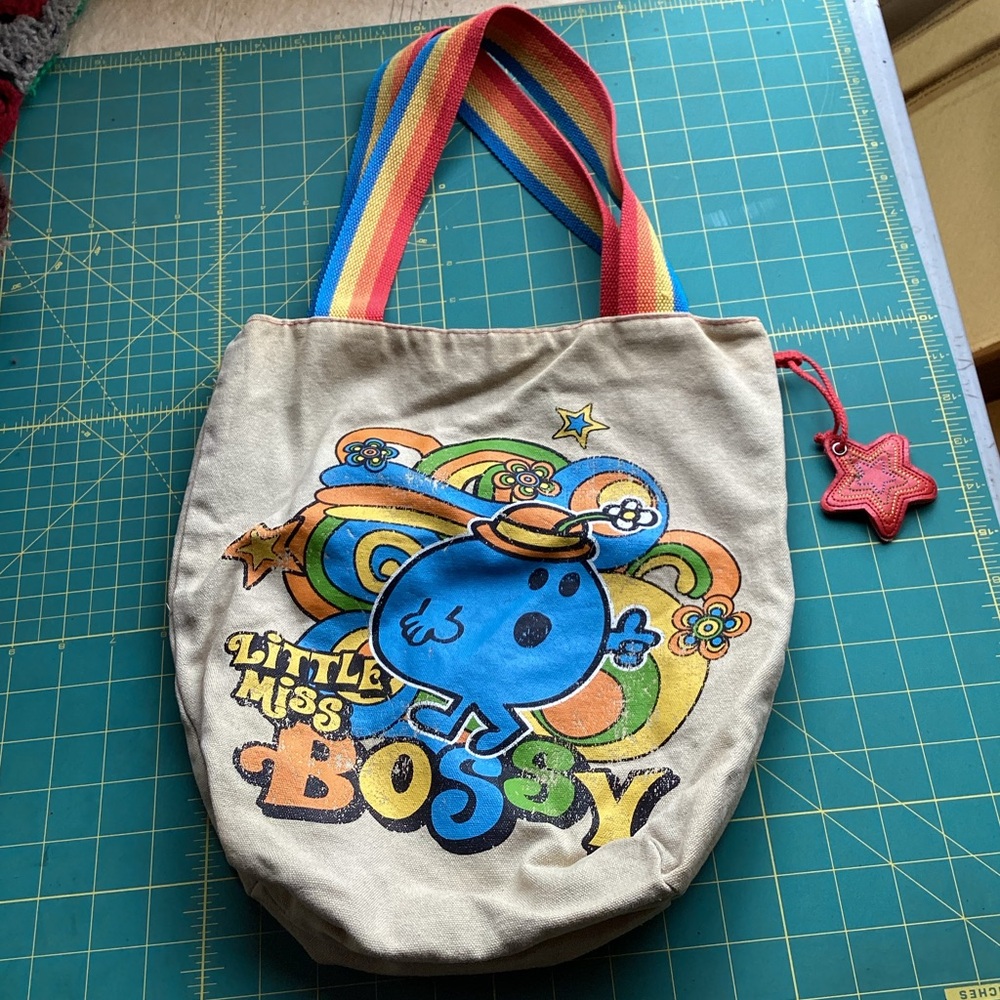 Vintage Little Miss Bossy Cotton Tote Rainbow Star Boho Hippie Pride Retro